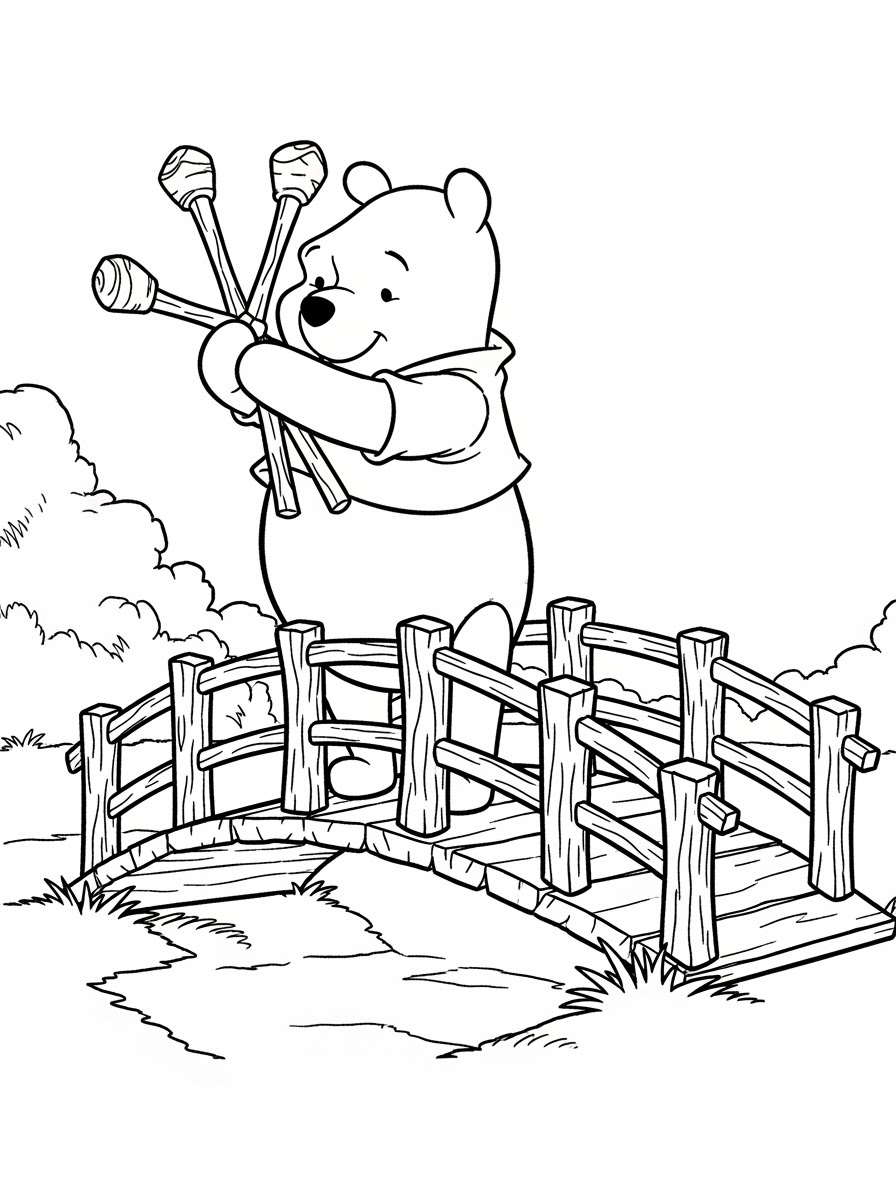 Desenho do Ursinho Pooh segurando paus para colorir