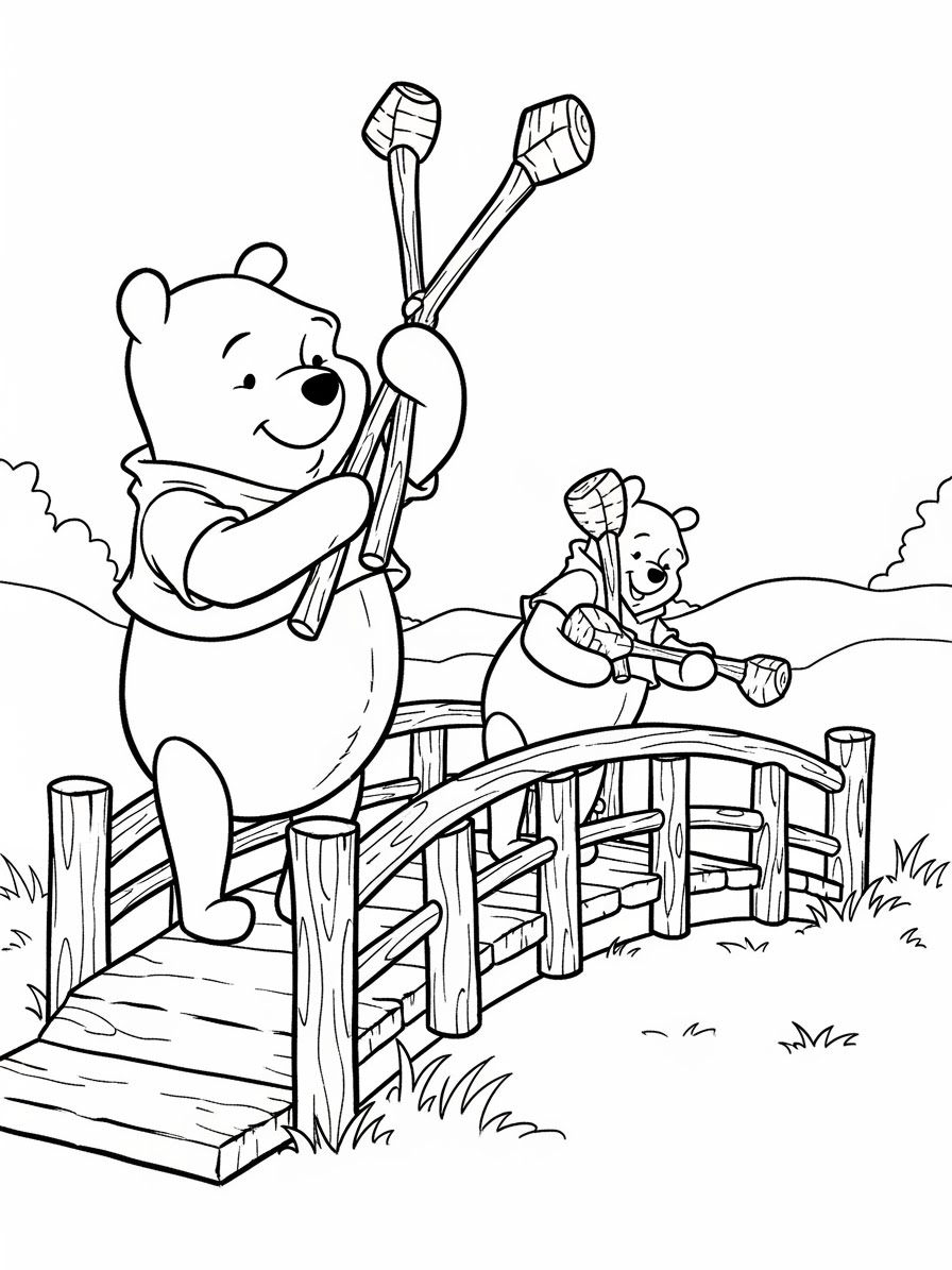 Desenho do Ursinho Pooh em ponte brincando com bastões