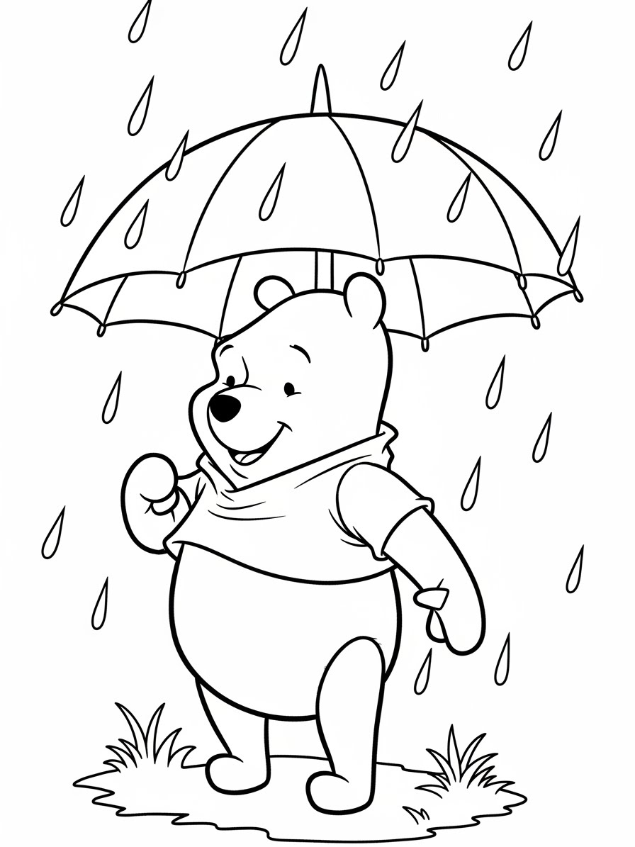 Desenho do Ursinho Pooh segurando um guarda-chuva para colorir