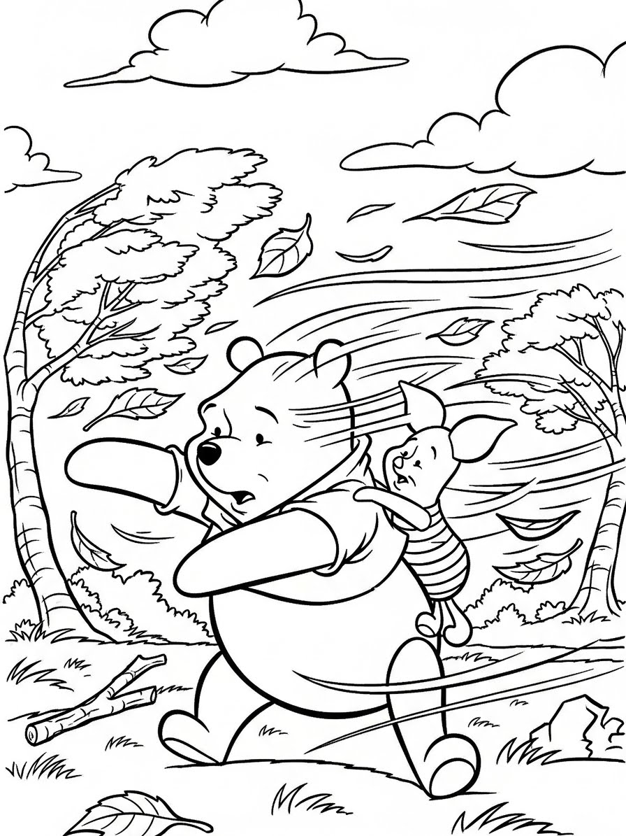 Desenho do Ursinho Pooh caminhando com o Piglet para colorir