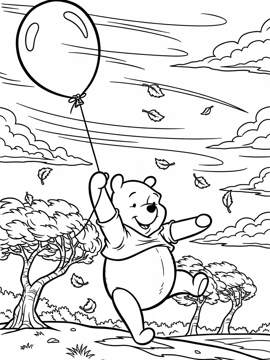 Desenho do Ursinho Pooh segurando um balão para colorir