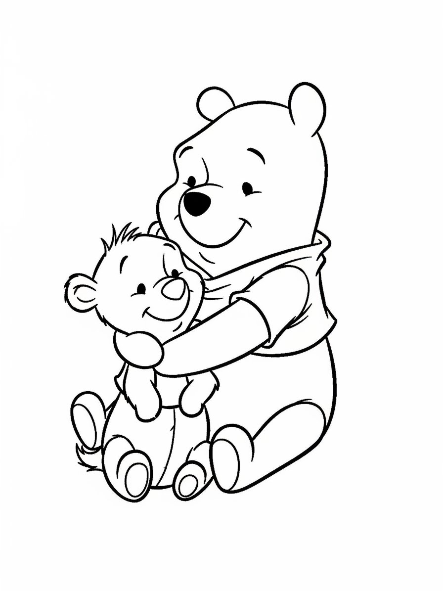 Desenho do Ursinho Pooh abraçando seu amigo para colorir