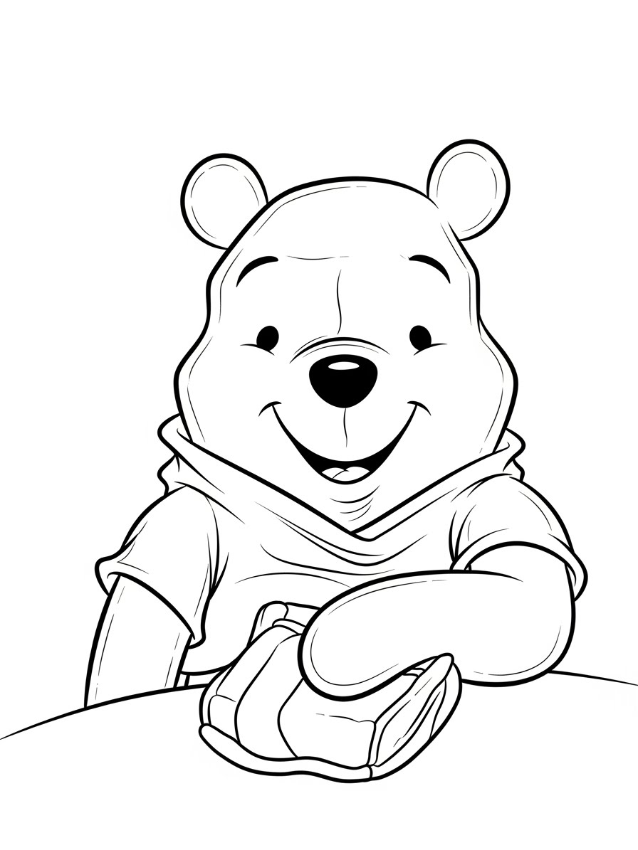Desenho do Ursinho Pooh sorrindo com um lanche para colorir