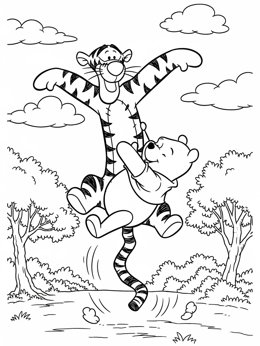 Desenho do Ursinho Pooh e Tigrão brincando para colorir