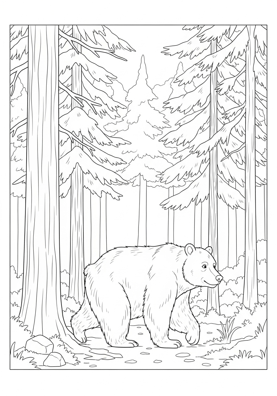 Desenho de Urso caminhando em floresta para colorir