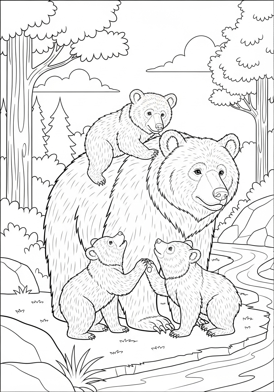 Desenho de Urso com filhotes em cenário natural para colorir