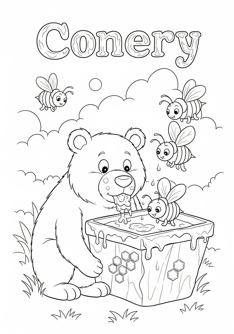 Desenho de Urso com abelhas e pote de mel para colorir