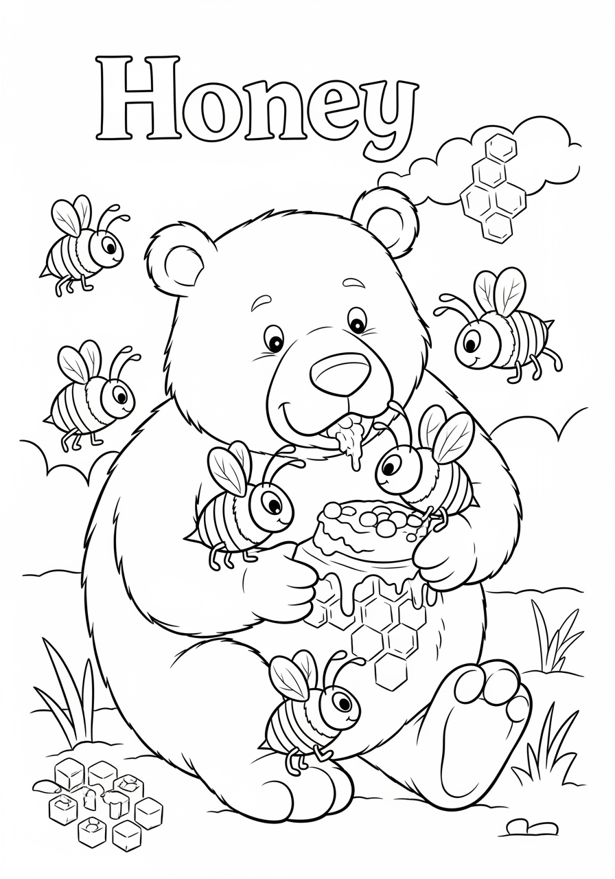 Desenho de Urso segurando pote de mel e abelhas para colorir