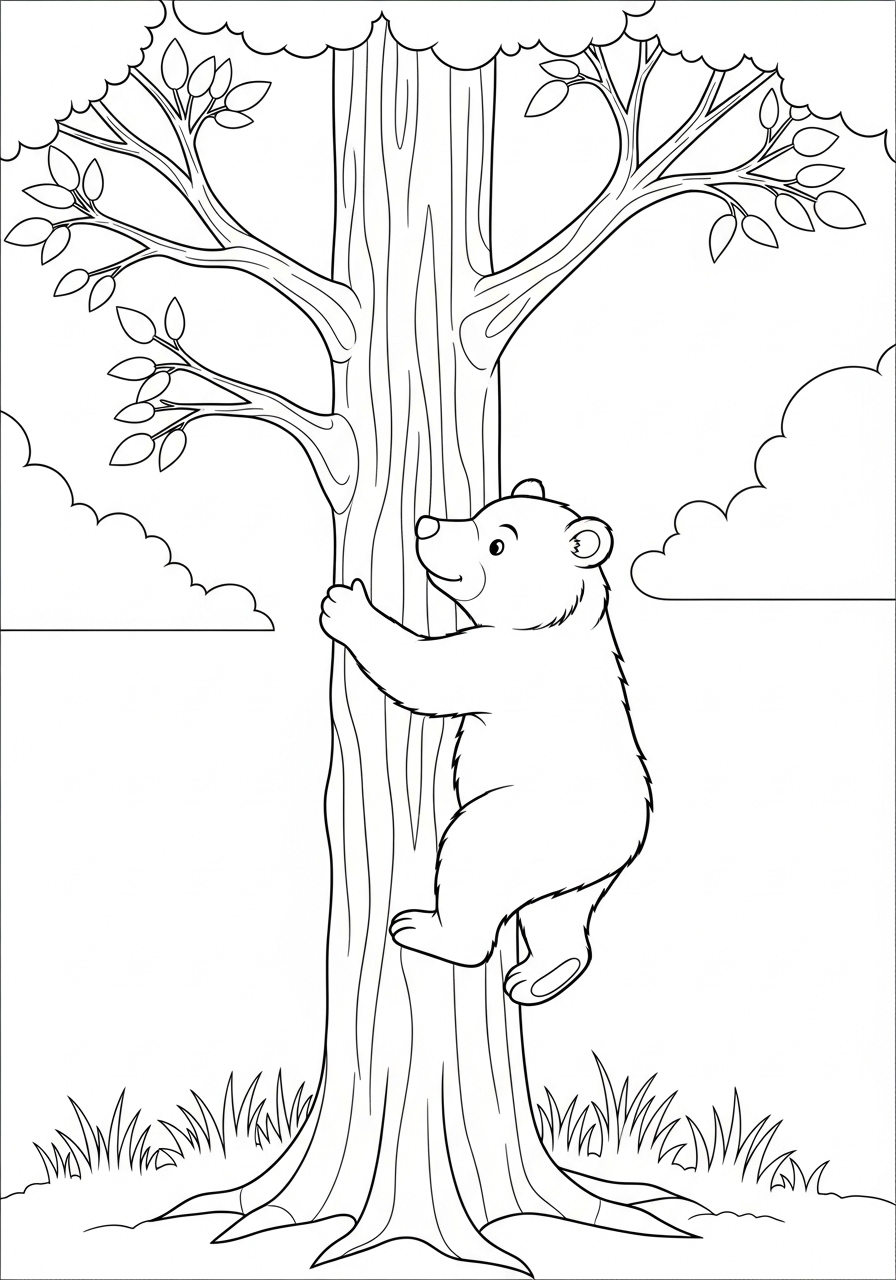 Desenho de Urso subindo em uma árvore para colorir