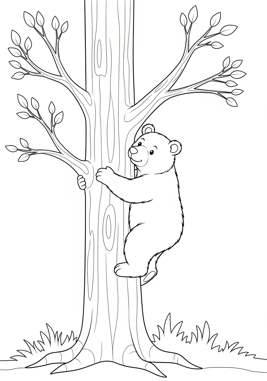 Desenho de Urso subindo em uma árvore para colorir