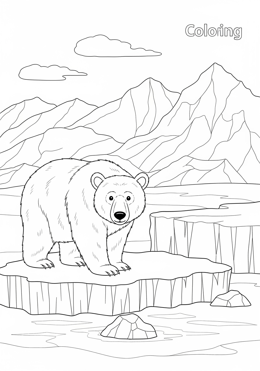 Desenho de Urso em um cenário de montanhas para colorir