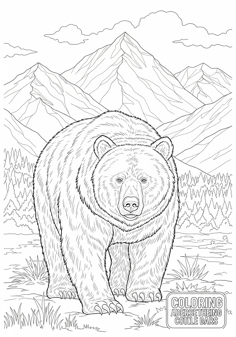 Desenho de Urso em pé nas montanhas para colorir