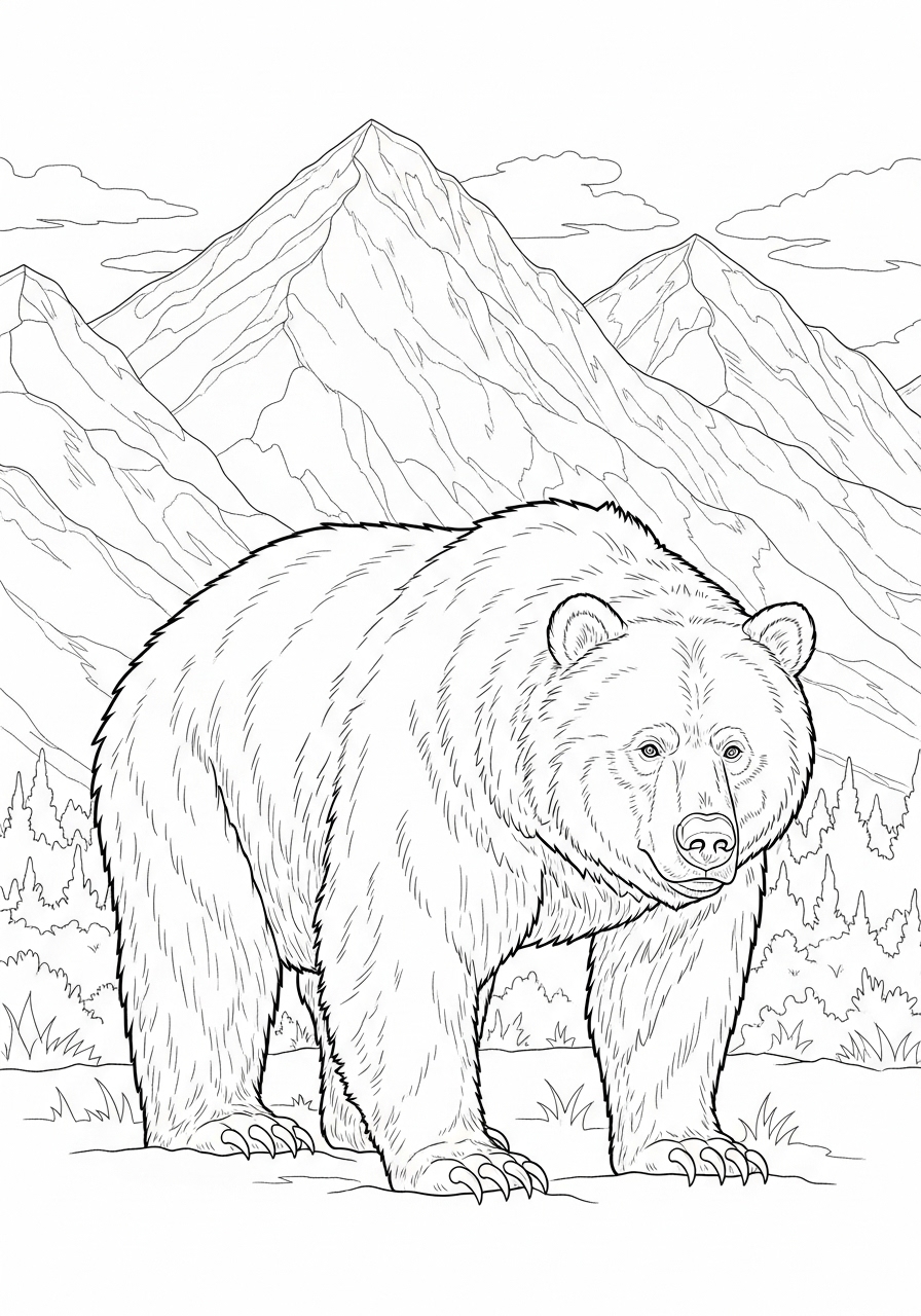 Desenho de Urso em pé com montanhas ao fundo para colorir