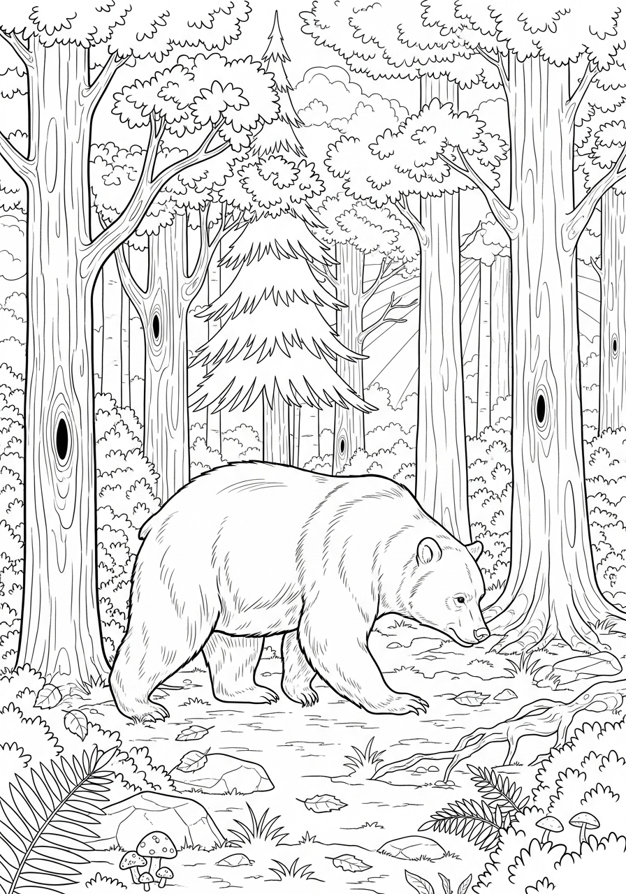 Desenho de Urso caminhando na floresta para colorir
