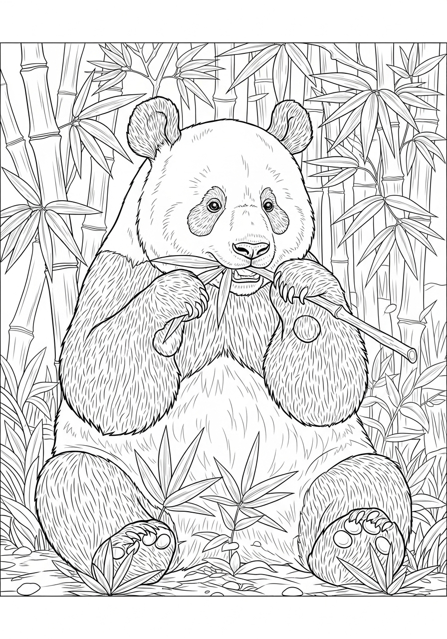 Desenho de Urso panda comendo bambu para colorir