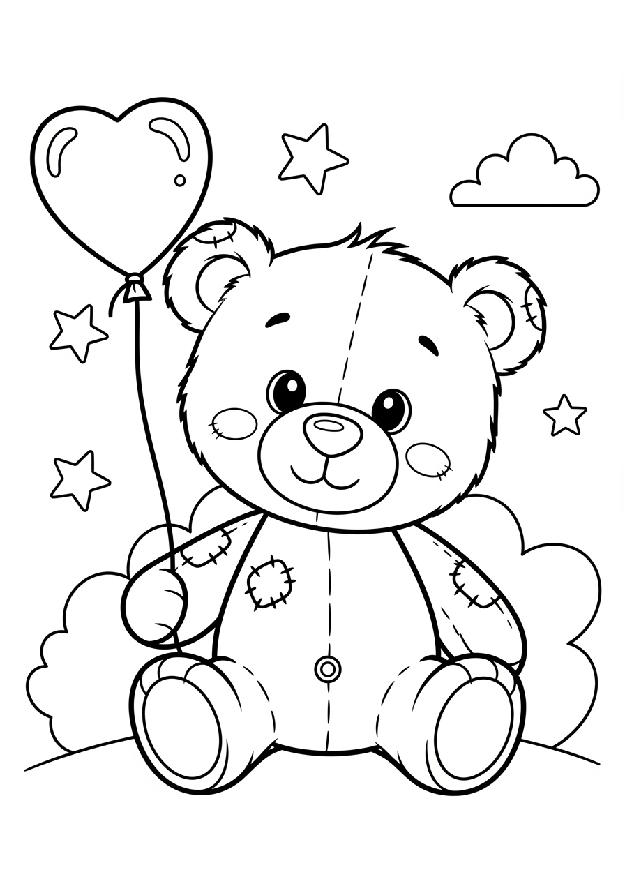 Desenho de Urso segurando um balão em um cenário fofo