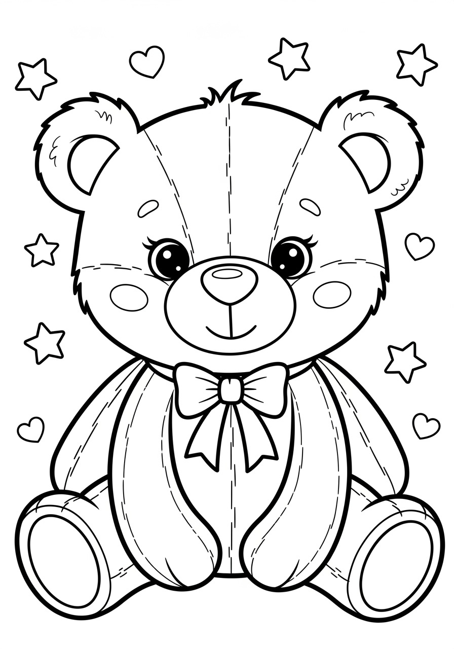 Desenho de Urso com laço e estrelas para colorir