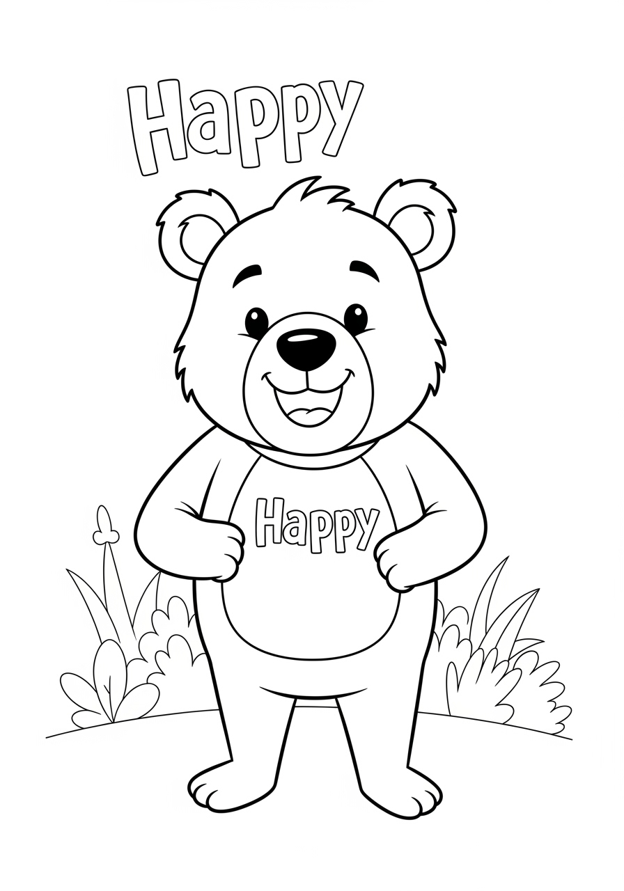 Desenho de Urso feliz para colorir com a palavra Happy