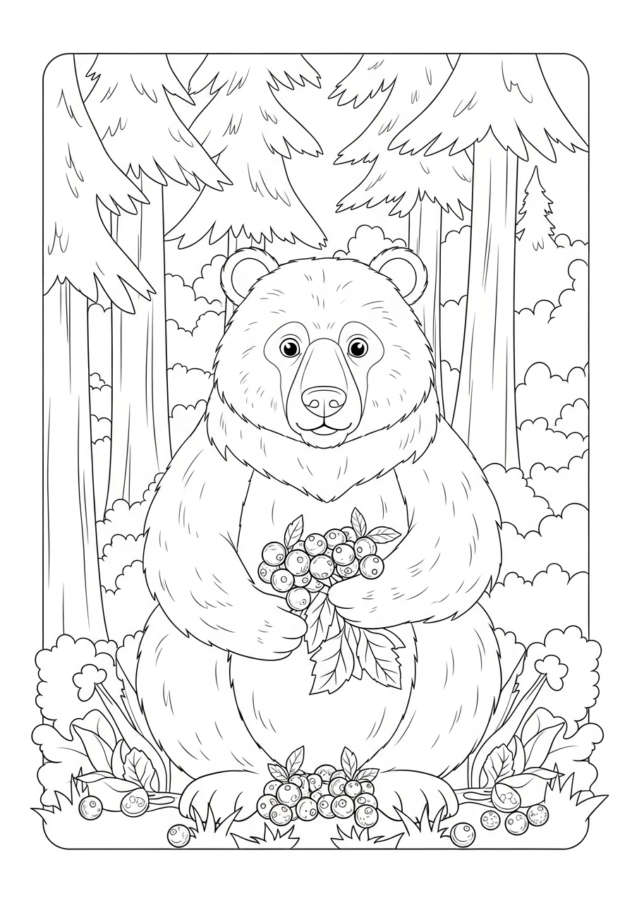 Desenho de Urso sentado segurando frutas para colorir