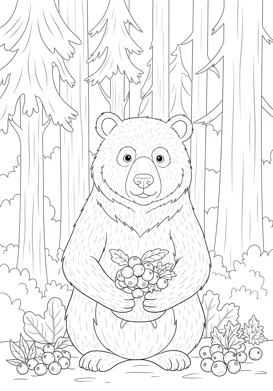 Desenho de Urso segurando frutas para colorir