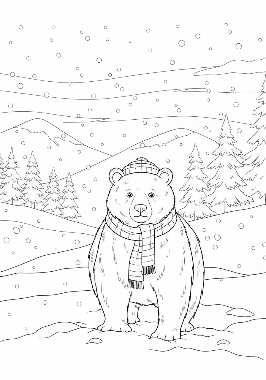 Desenho de Urso no inverno com cachecol e paisagem
