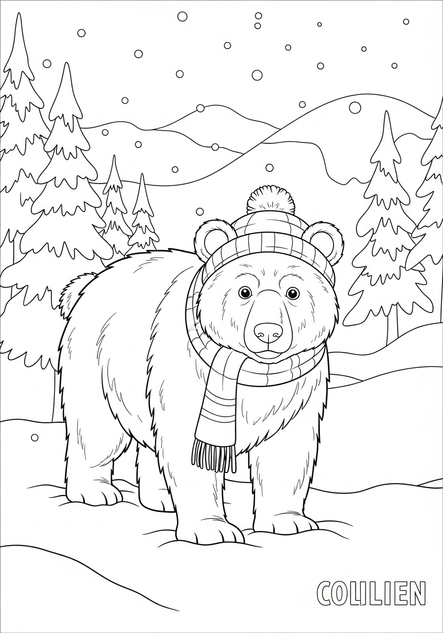 Desenho de Urso de cachecol em paisagem de inverno