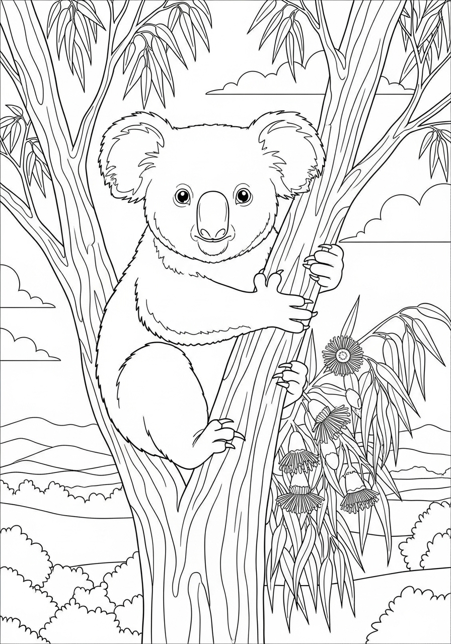 Desenho de Urso em árvore com folhas para colorir