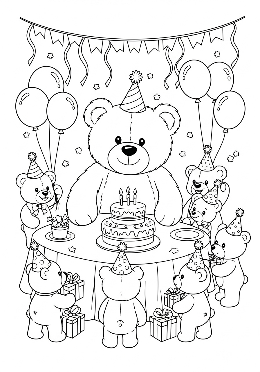 Desenho de Urso em festa de aniversário com balões