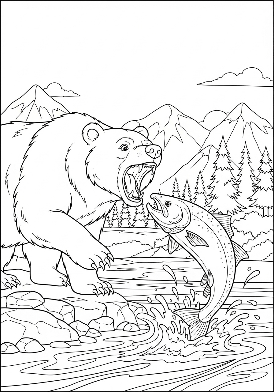 Desenho de Urso pescando em um rio para colorir