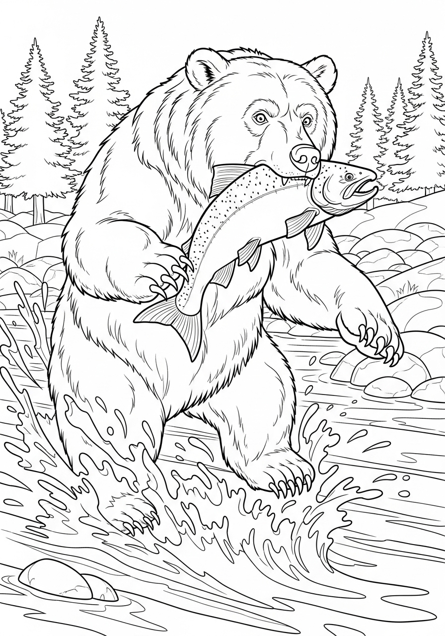Desenho de Urso segurando um peixe para colorir