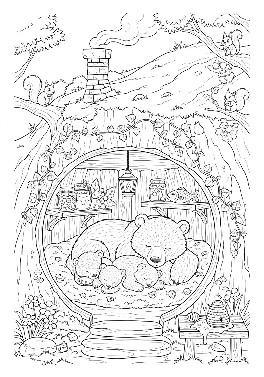 Desenho de Urso descansando com filhotes para colorir