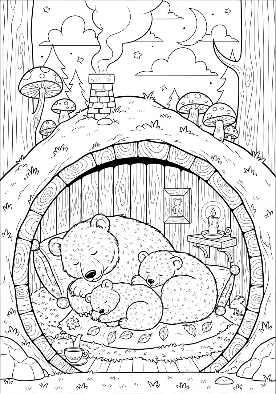 Desenho de Urso dentro de uma cabana para colorir