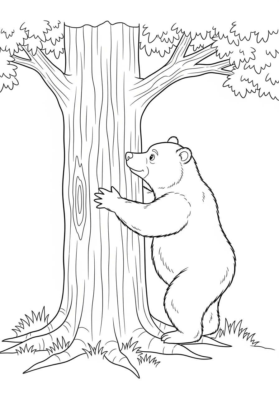 Desenho de Urso abraçando uma árvore para colorir