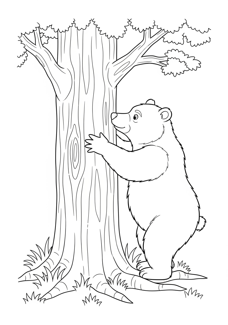 Desenho de Urso abraçando uma árvore para colorir