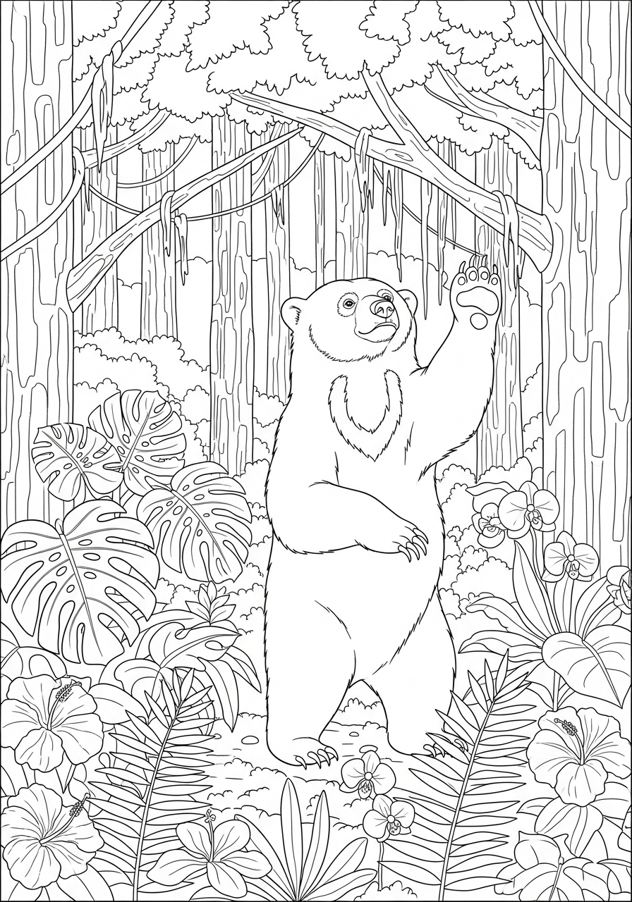 Desenho de Urso em meio à floresta para colorir