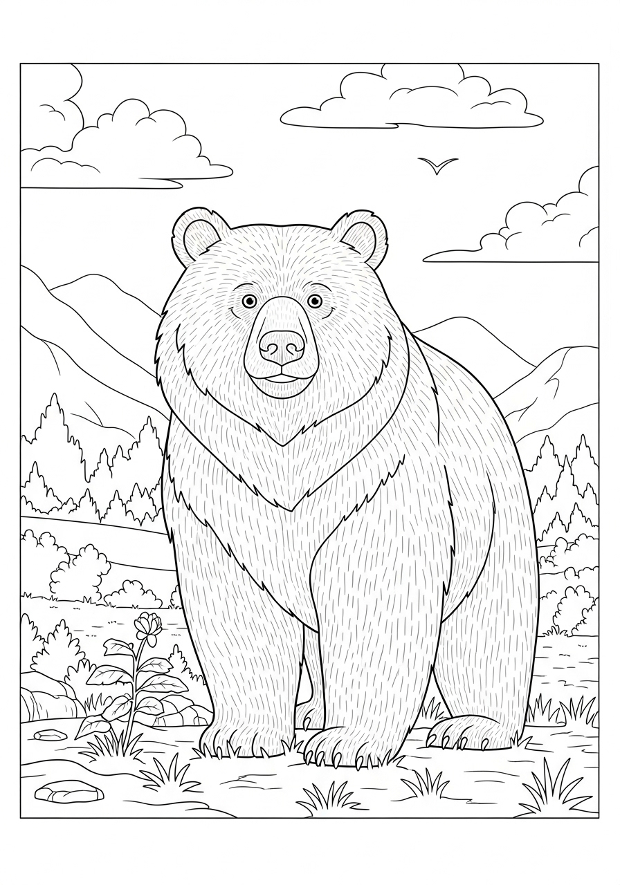 Desenho de Urso em ambiente natural para colorir