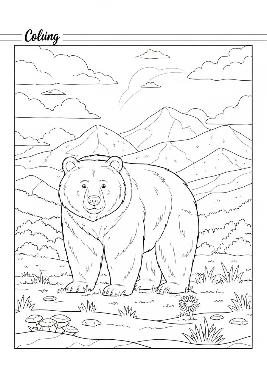Desenho de Urso em um cenário montanhoso para colorir
