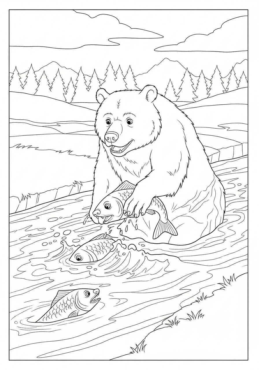 Desenho de Urso pescando peixes em um rio para colorir