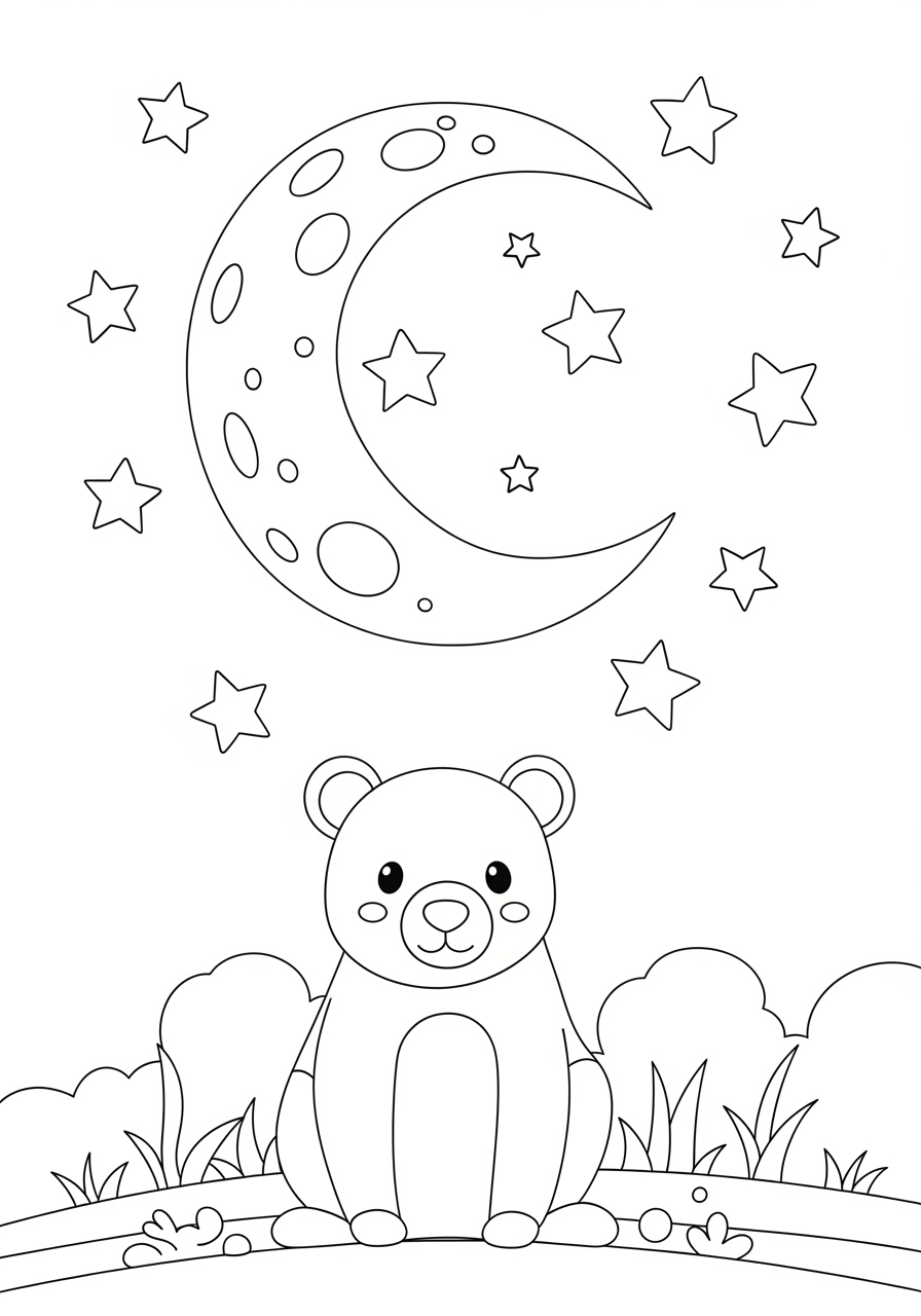 Desenho de Urso sentado sob a lua e estrelas para colorir