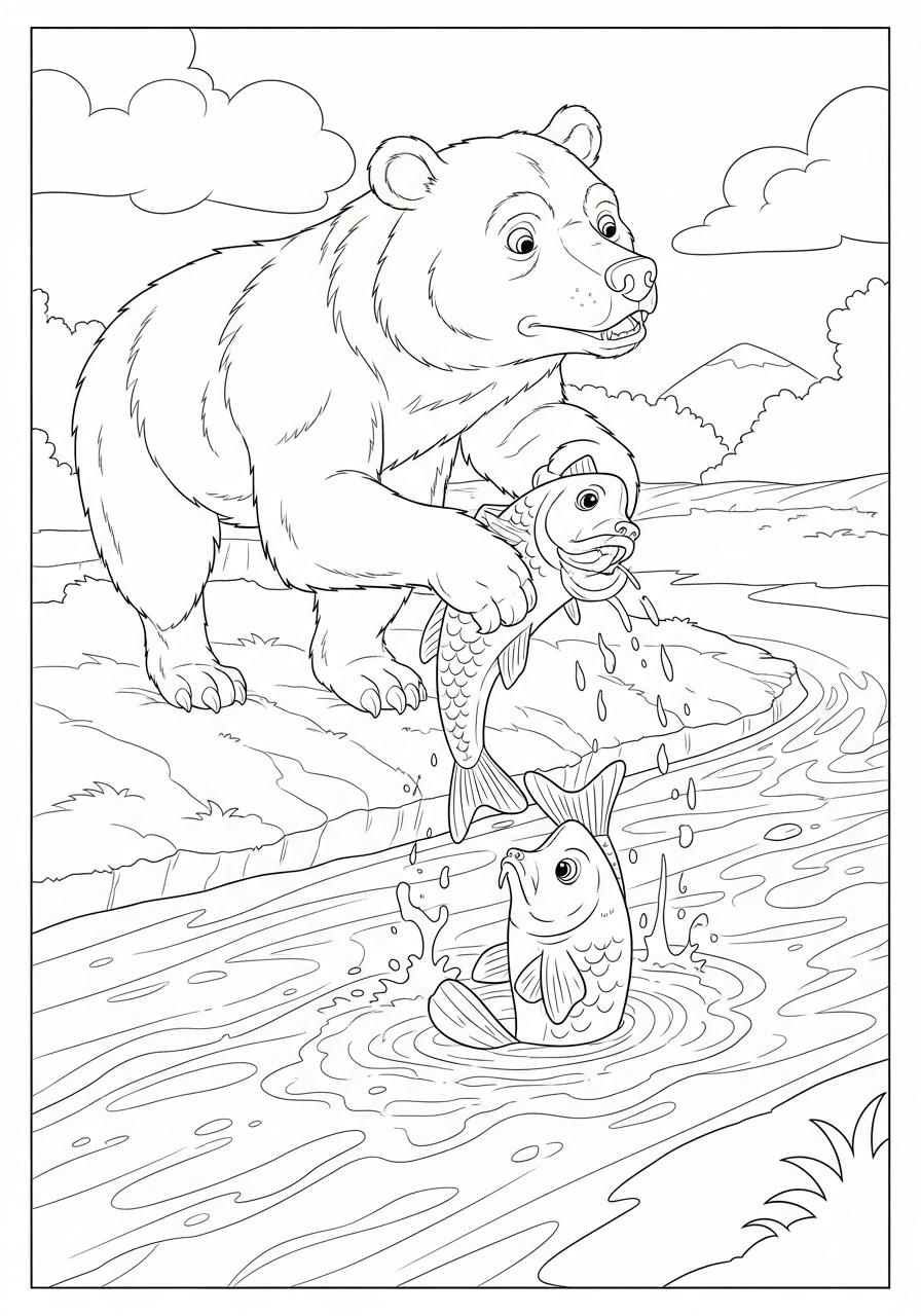 Desenho de Urso pescando peixes no rio para colorir