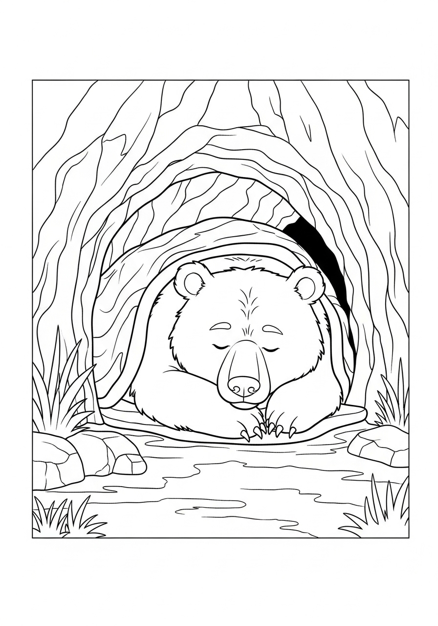 Desenho de Urso dormindo na caverna para colorir