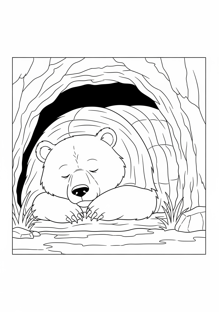 Desenho de Urso dormindo na caverna para colorir