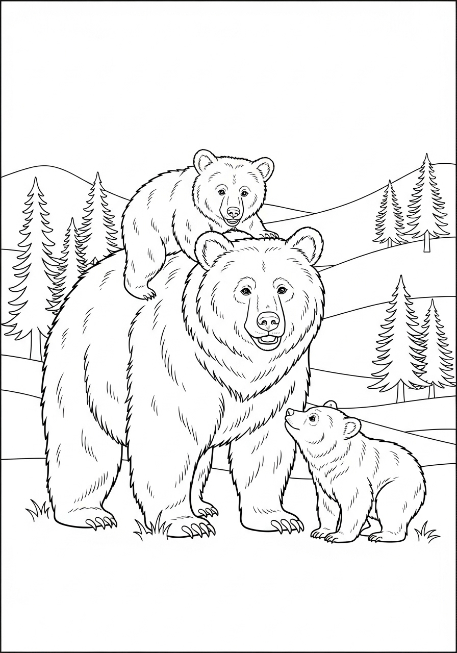 Desenho de Urso com dois filhotes em um cenário natural