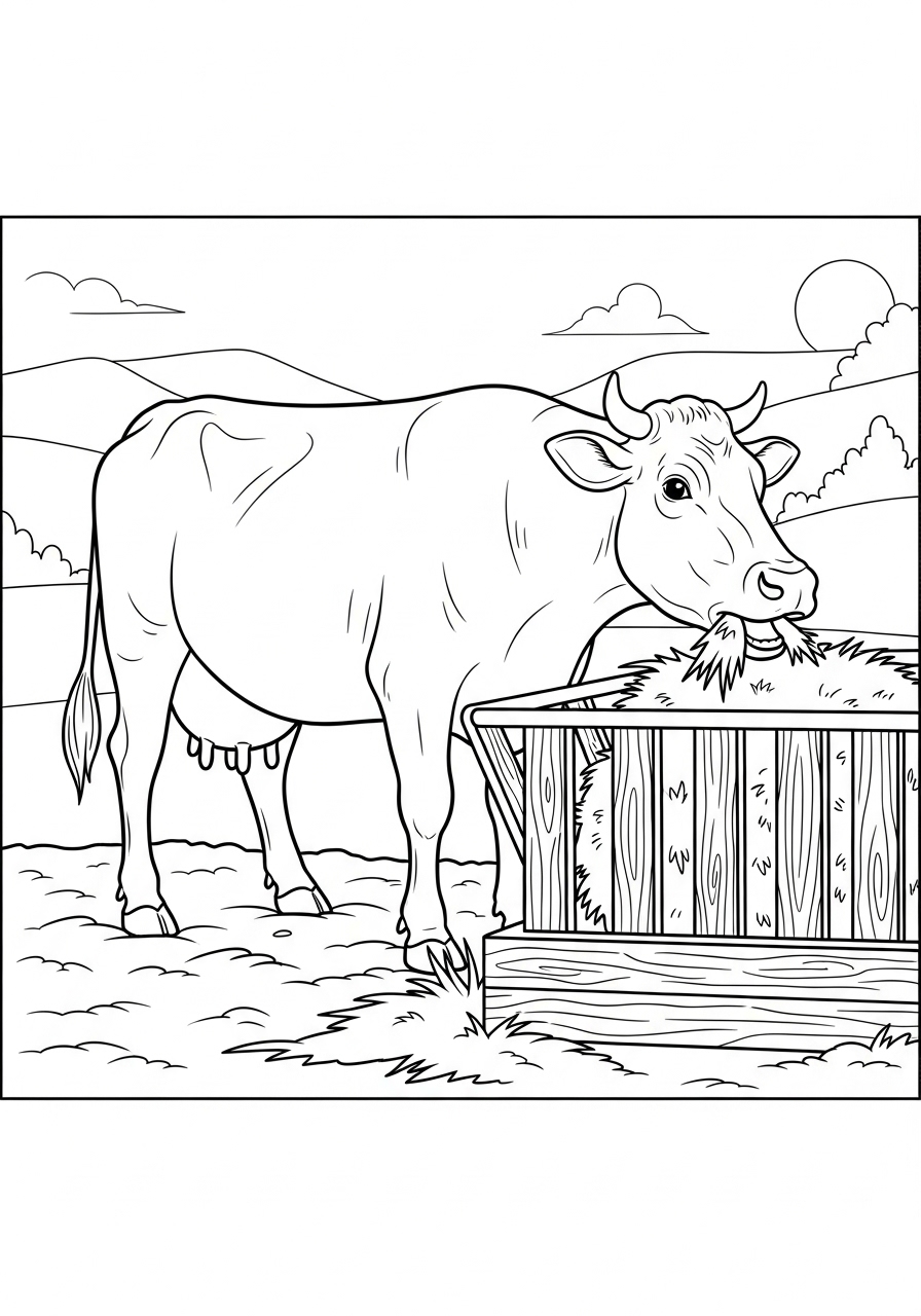Desenho de Vaca pastando com feno e montanhas ao fundo