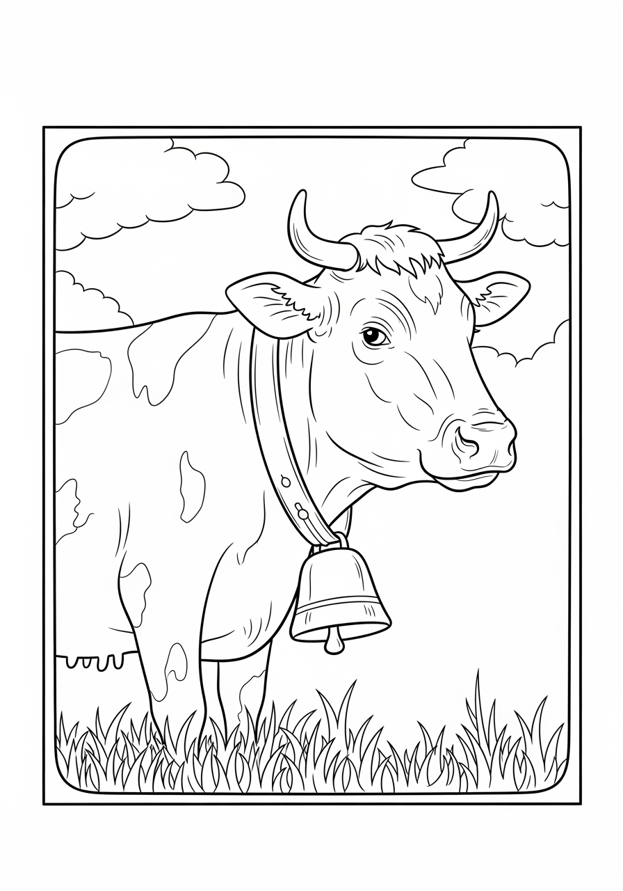 Desenho de Vaca com campainha em campo aberto