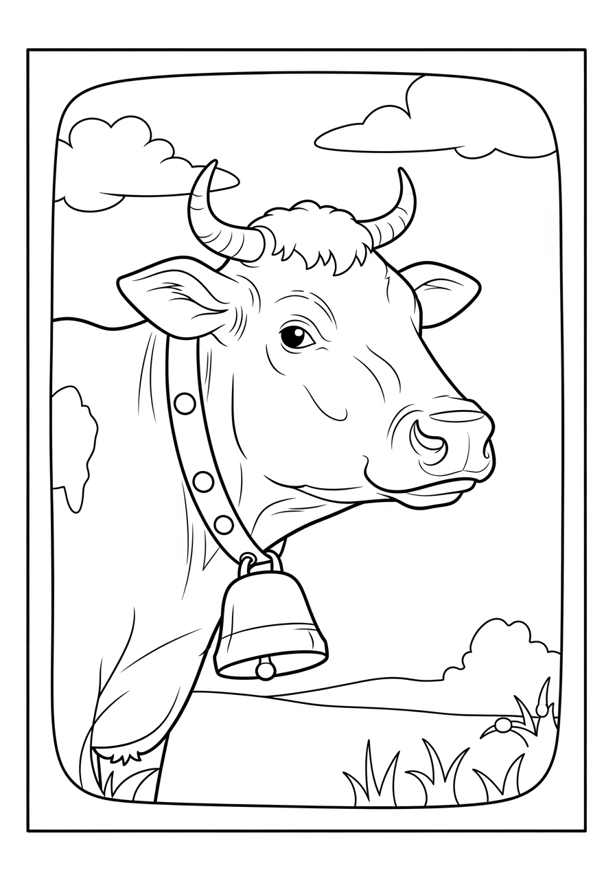 Desenho de Vaca com sino em um cenário rural