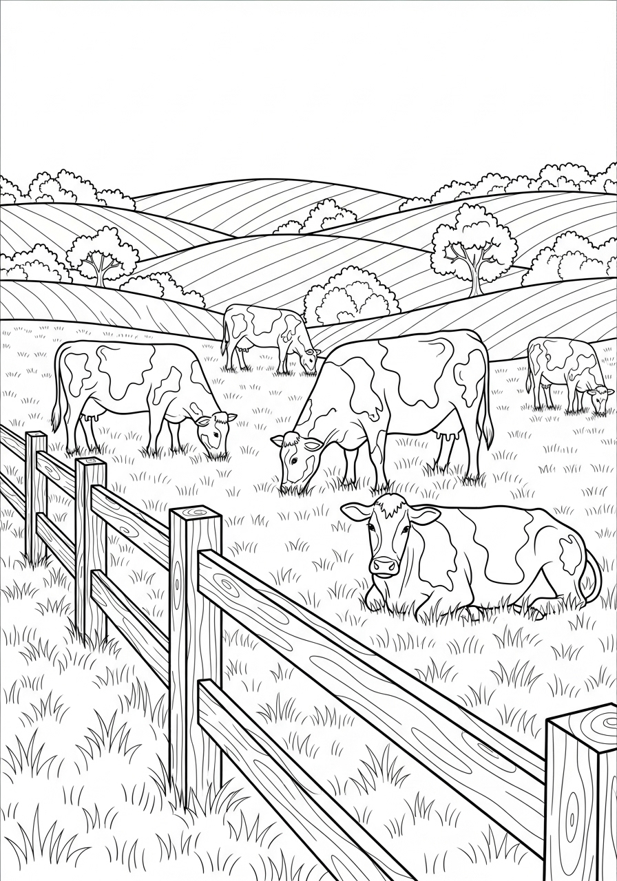 Desenho de Vacas pastando em um campo aberto