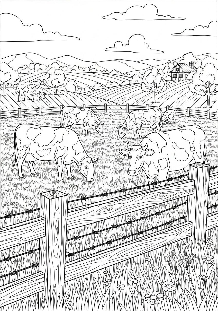 Desenho de Vaca pastando em campo com cercas e árvores