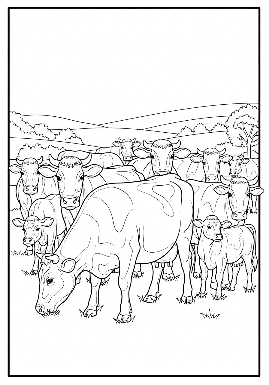 Desenho de Vaca e bezerros no campo para colorir