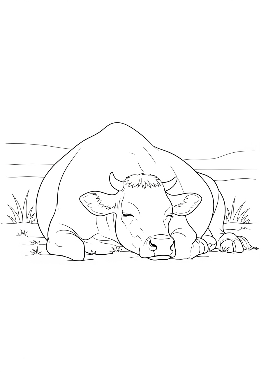 Desenho de Vaca deitada em um campo verde para colorir